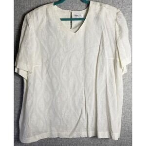 Vintage 80s/90s Damask Jacquard Floral Ivory Blouse Short Sleeve Shirt 1XL/2XL